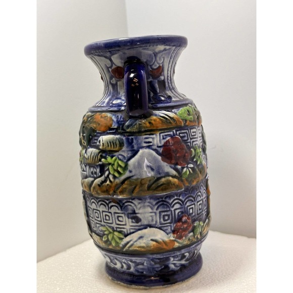 Moriage VASE Made In Japan Cobalt Blue Asian Oriental 6.5" Tall 2 Handle - Picture 3 of 6